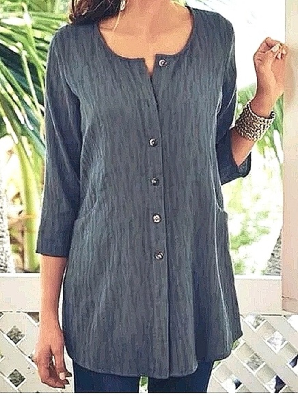 Soft Surroundings Gray Ellis Textured Button Front Tunic Top Size L